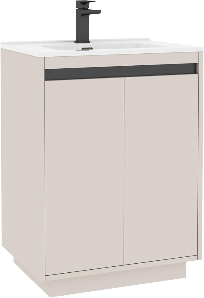 600mm Beige Floor Standing Vanity Unit with Basin Sink 2 Door Cabinet Modern