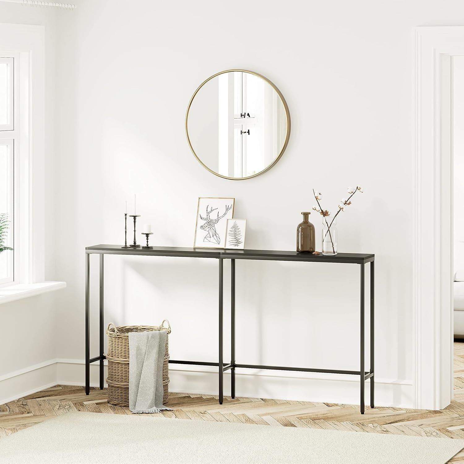 Slim Console Table Black Metal Frame Narrow Hallway Shelf 160cm Modern