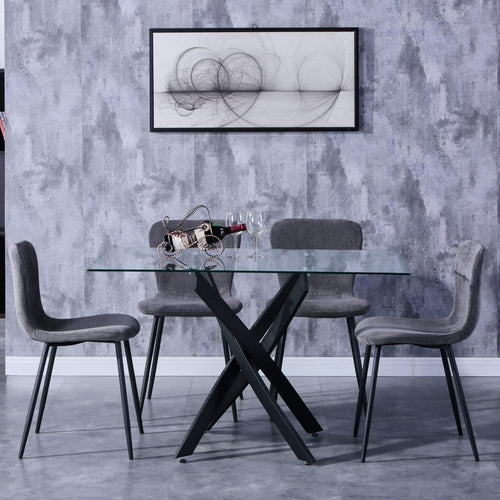 Modern 120cm Glass Dining Table & 4 Grey Velvet Chairs 4-Seater Set
