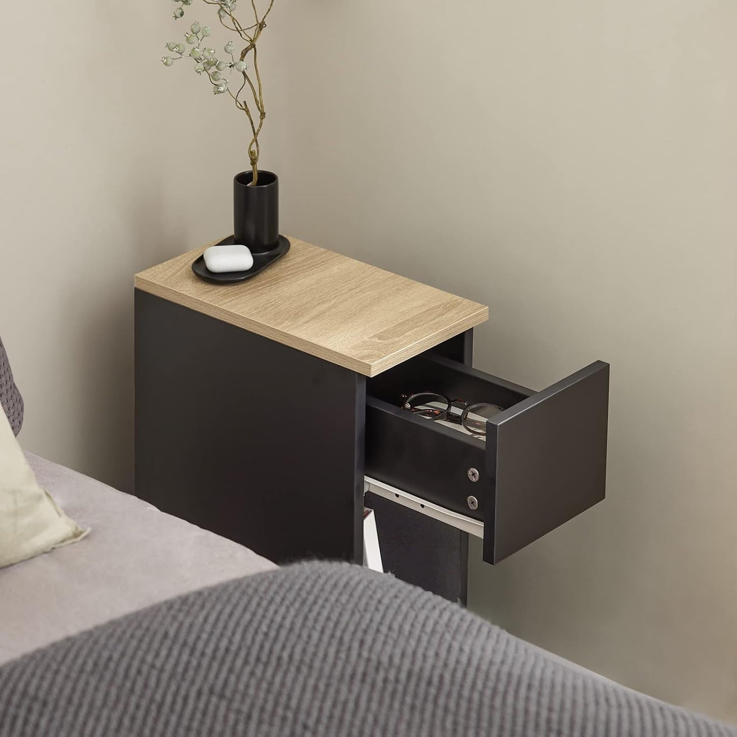 Set of 2 Slim Black Bedside Tables with Drawer & Shelf | Modern Narrow