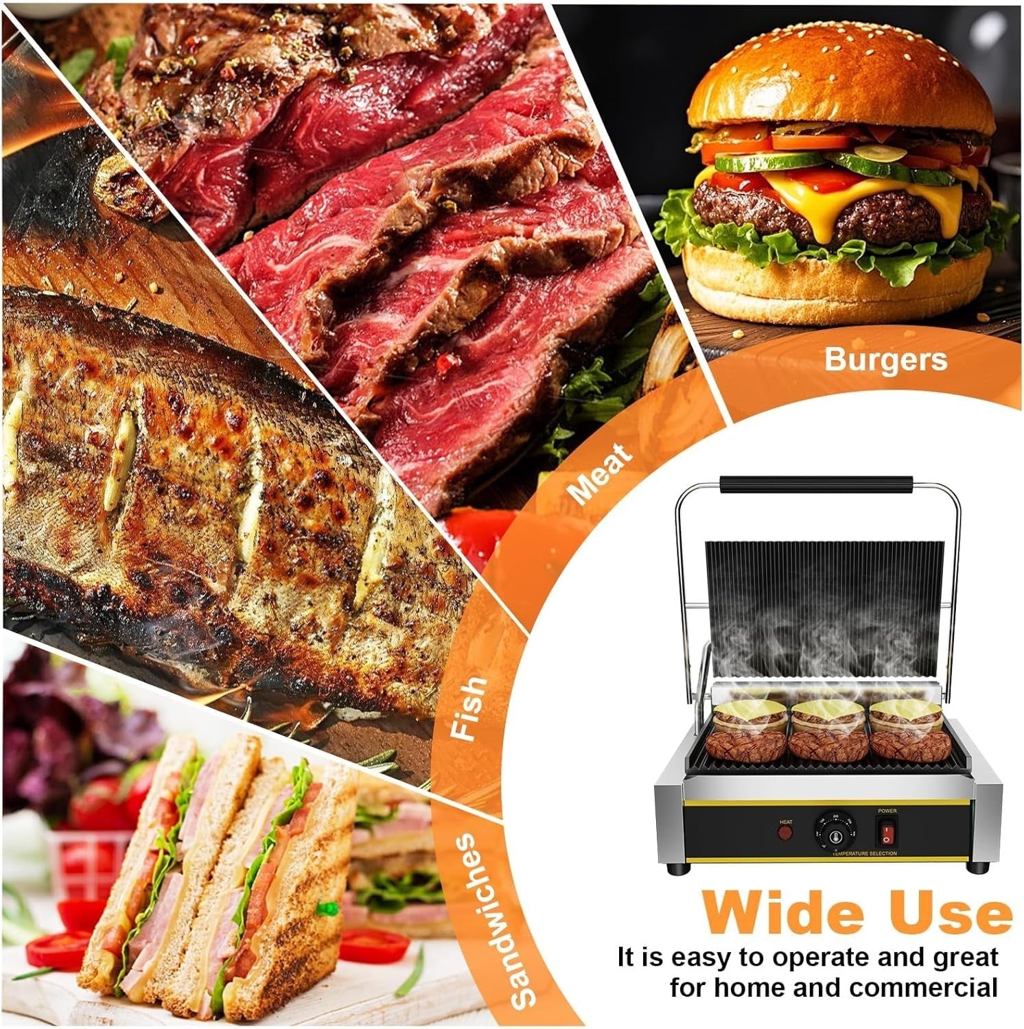 Commercial Panini Press 42.8x31x19.2cm Cast Iron Grill Sandwich Maker 2200W