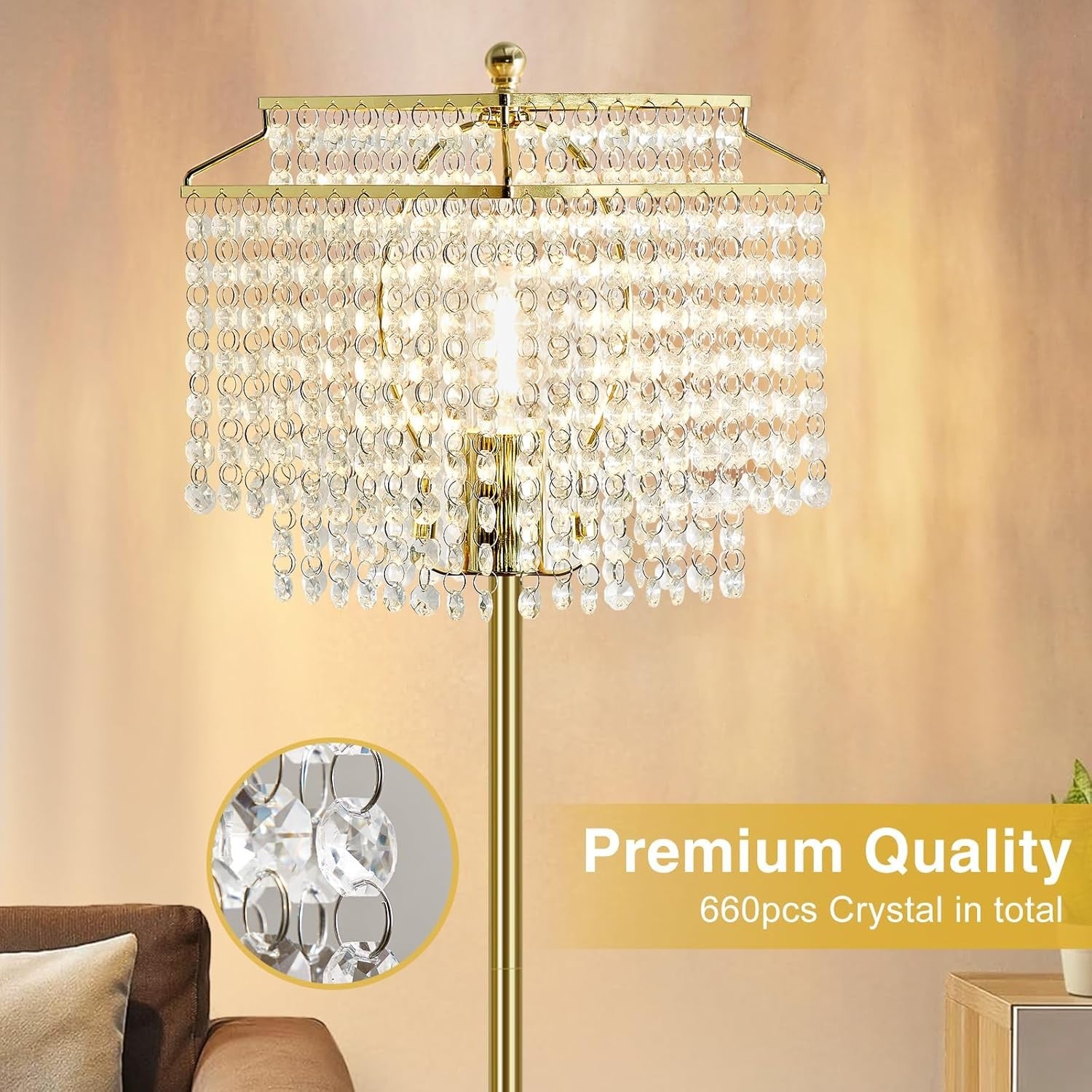Crystal Floor Lamp Standing Light with Foot Switch Luxury Tall Living Room