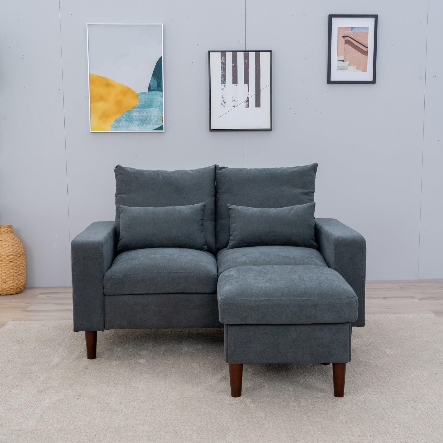 2 Seater Grey Fabric Sofa Couch with Footstool, Small Living Room Ready