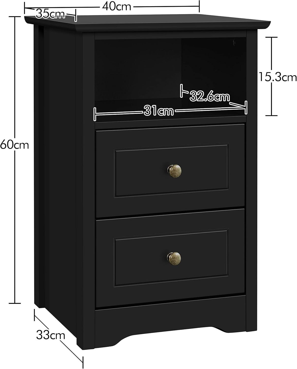Black Bedside Tables Set of 2 – Wooden Nightstands with Drawers & Shelf