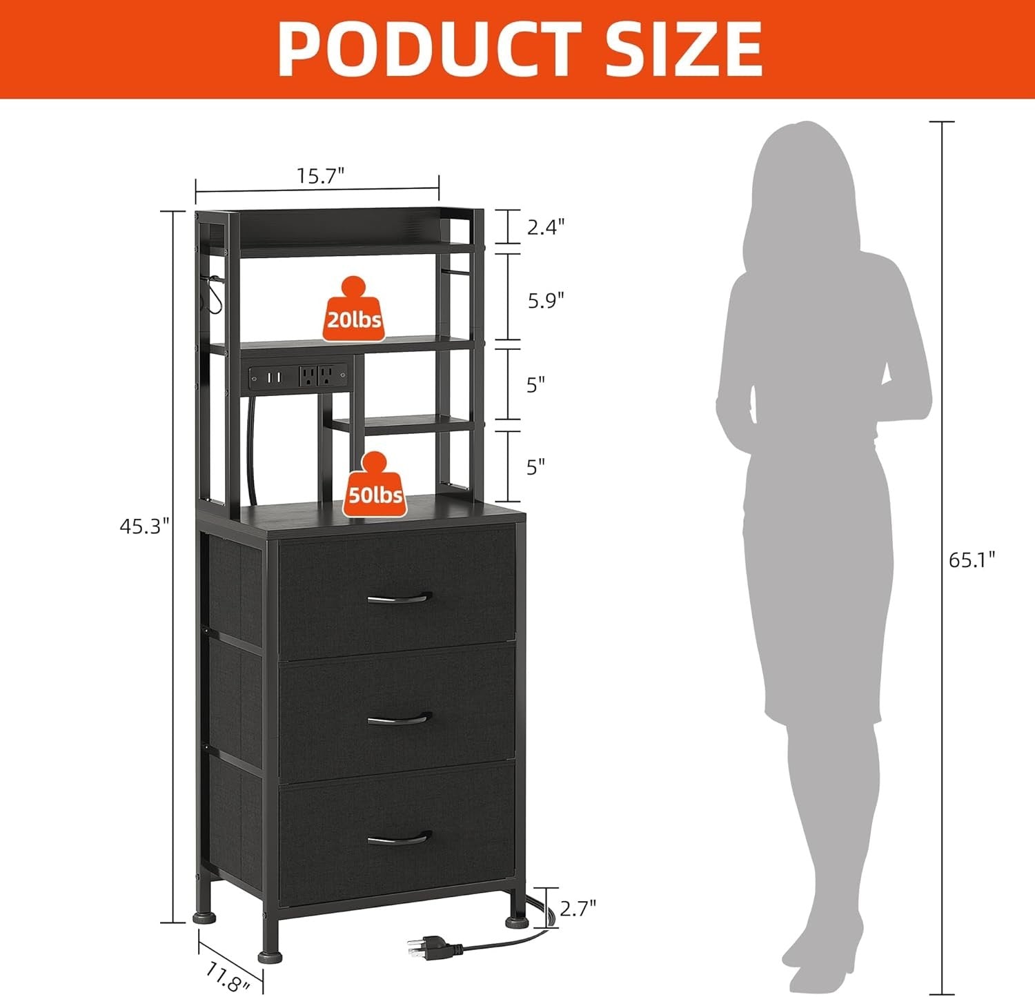 Tall Bedside Table with LED Lights Charging Ports Shelves Drawers Storage Unit