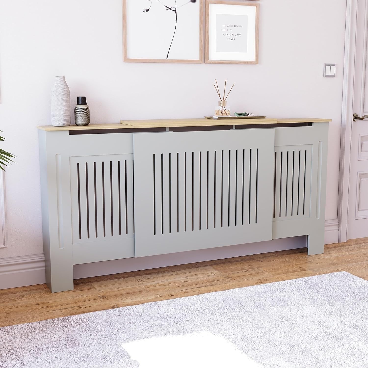 Adjustable Olive Grey Radiator Cover Cabinet MDF Slatted Grill with Shelf