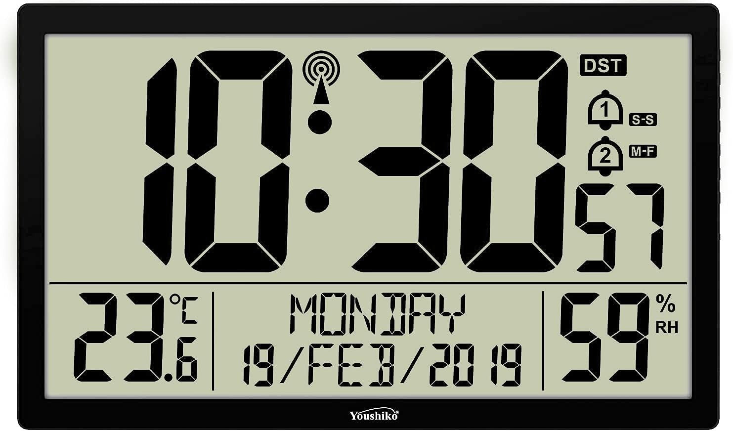 XXL 14.76" Jumbo LCD Radio Controlled Wall Clock w/ Temp & Humidity