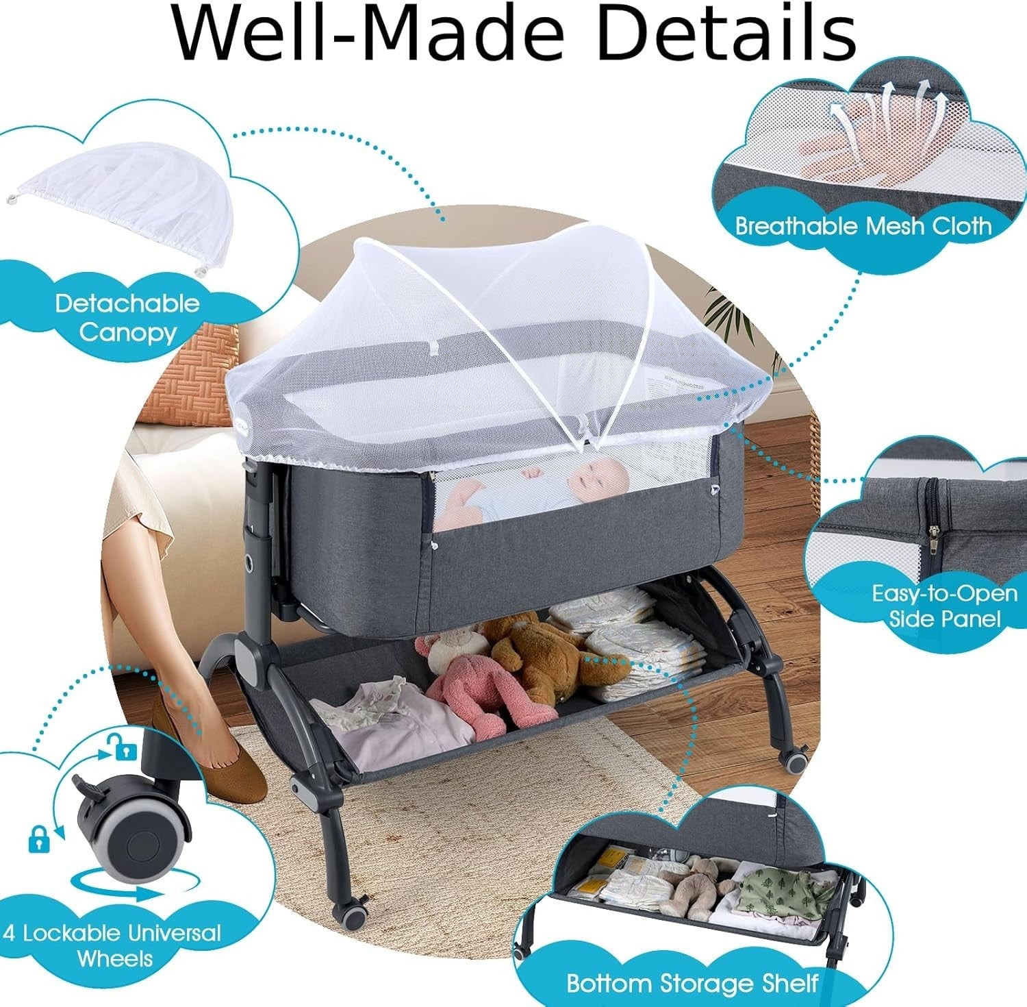 Baby Bedside Crib Adjustable Bassinet with Mattress Newborn Sleeper Dark Grey