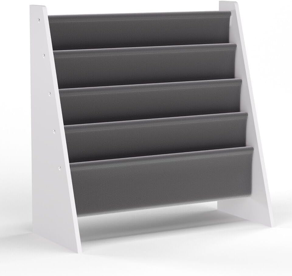 Kids 4 Tier Sling Bookshelf MDF & Fabric Book Storage Rack Grey