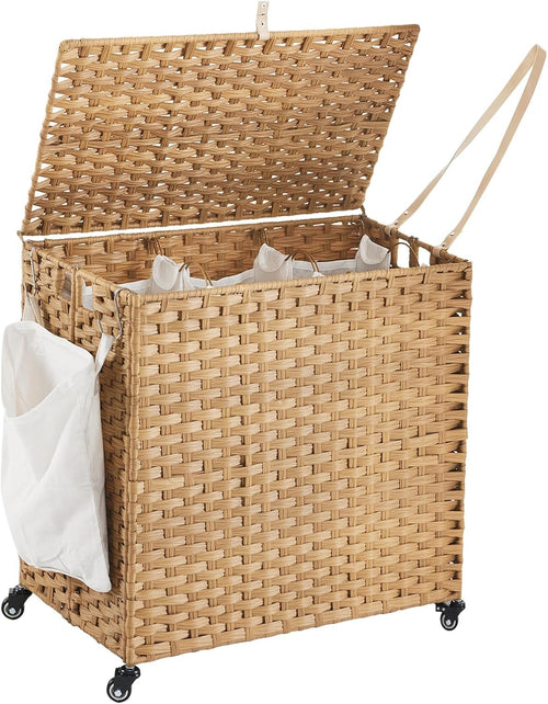 Large 150L Rattan Laundry Hamper on Wheels 3-Section Sorter with Lid & Bags