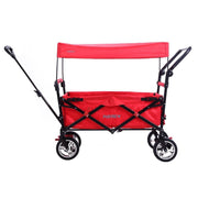 Red Kids Folding Stroller Wagon Push Pull Cart w/ Canopy & Dual Brakes