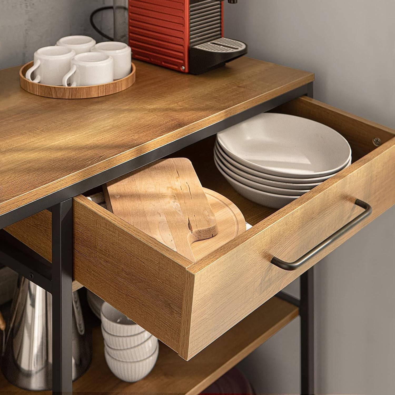Kitchen Island Trolley with Drawer & Shelves, Mobile Worktop Cart 120cm
