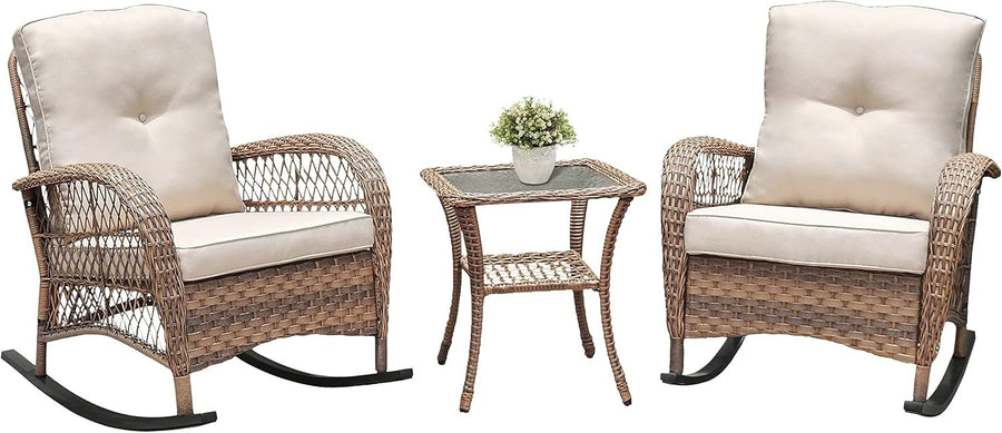 Outdoor Rattan Rocking Bistro Set 3-Piece Patio Chairs Glass Table