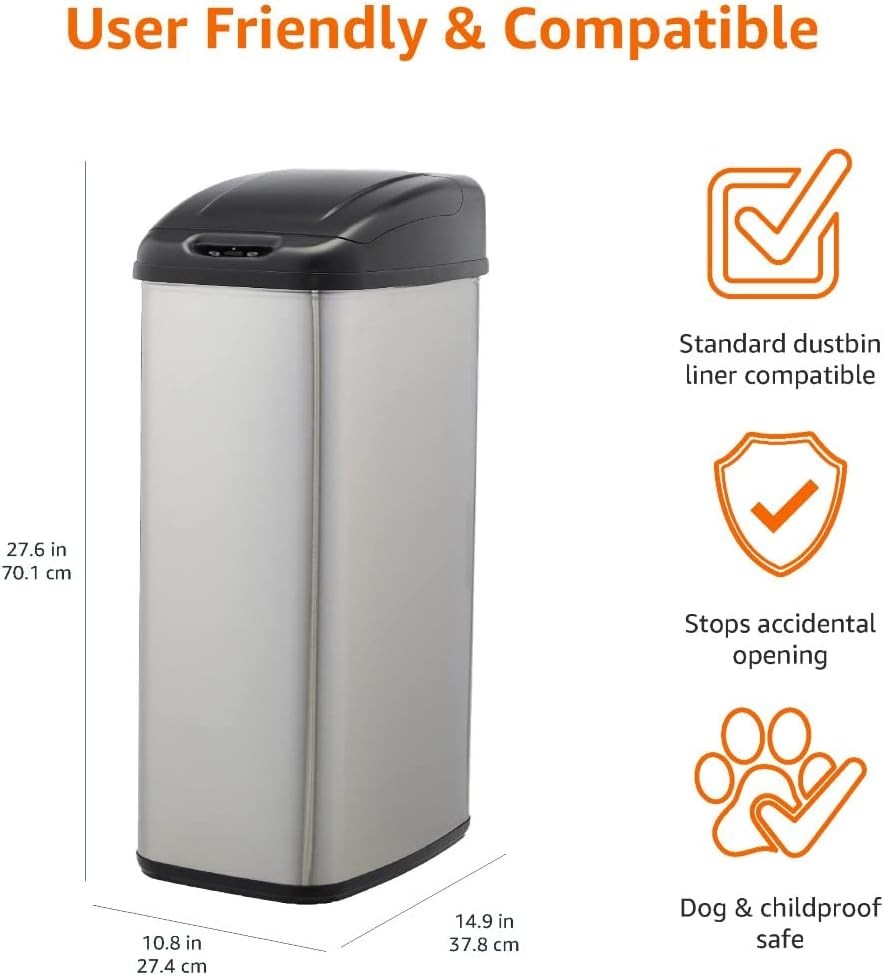 50L Slim Sensor Bin Black & Silver Stainless Steel