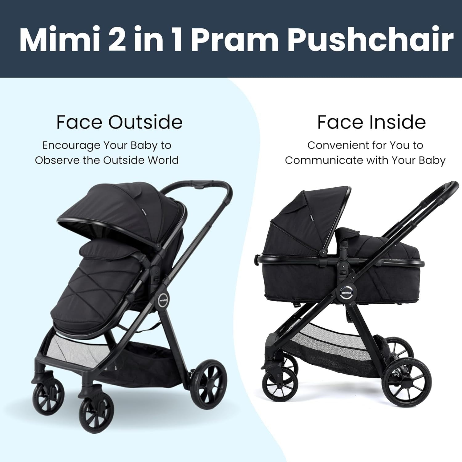 2 in 1 Baby Pram Pushchair Birth to 22kg, Carrycot Seat, Foldable
