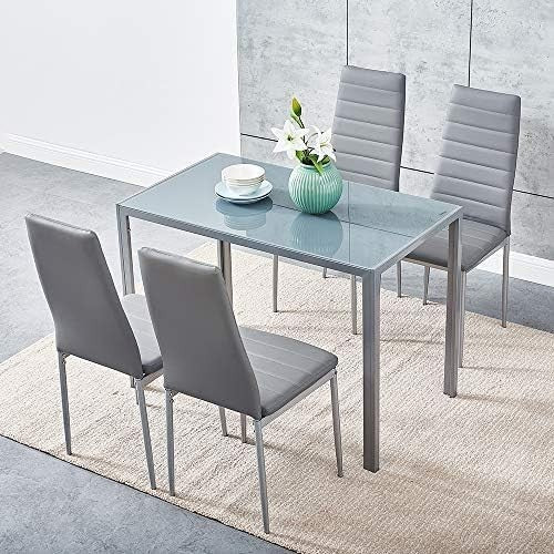 Rectangular Glass Dining Table Set 4 Chairs Modern Grey Faux Leather