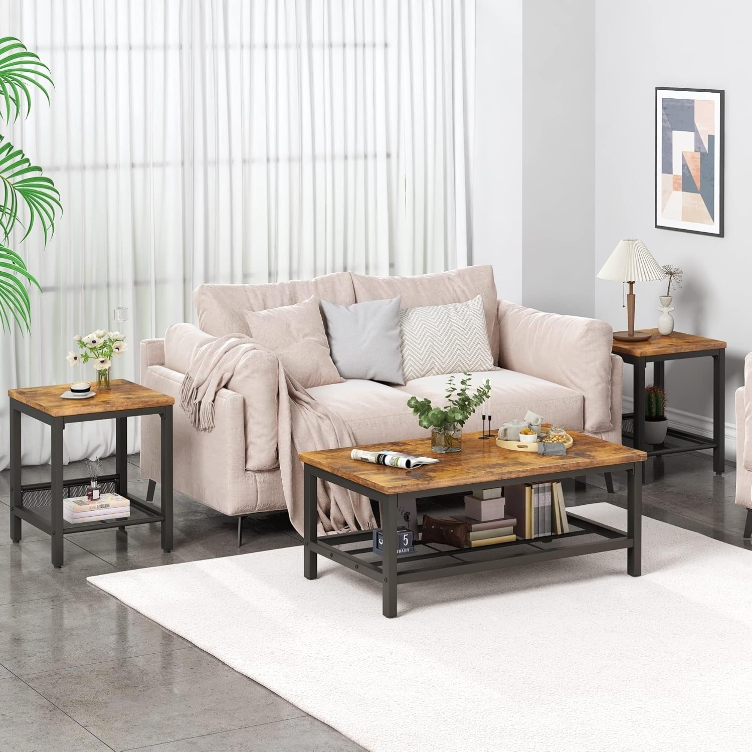 3-Piece Industrial Coffee Table Set – Rustic Wood & Metal Frame, Storage