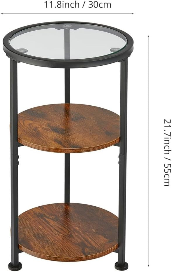 Modern Rustic Brown Round Side Table with Tempered Glass & 3-Tier Storage