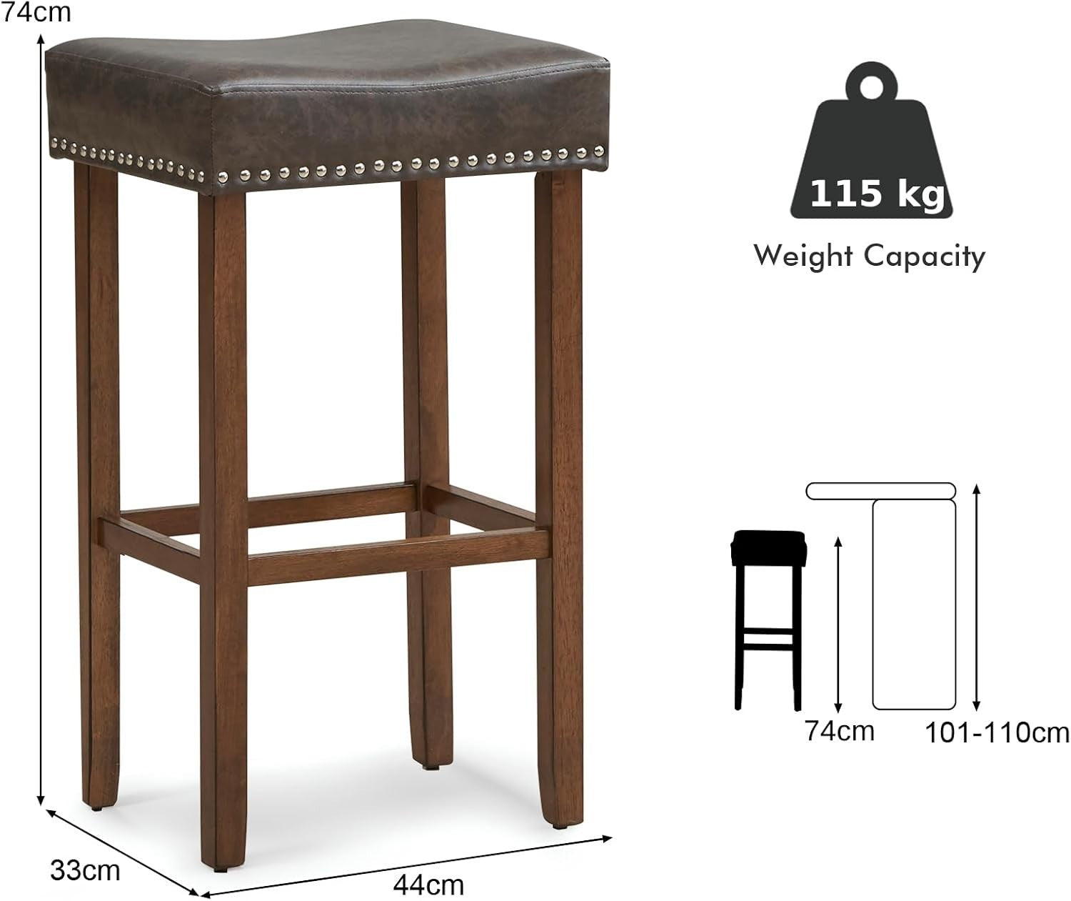 Gray & Brown Saddle Bar Stools Set of 2 – Solid Wood Counter Chairs