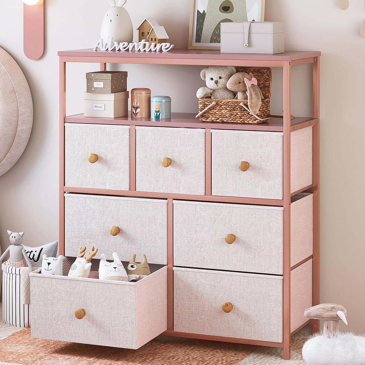Tall Pink Chest of Drawers Fabric Storage Unit 7 Drawer Bedroom Organiser
