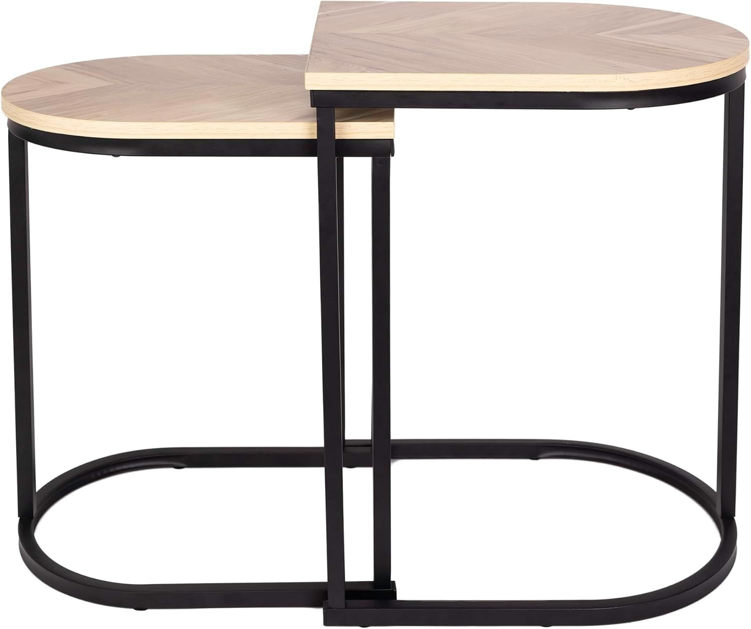 2 Nesting End Tables Black Metal Oak Finish Living Room Side Lamp Set