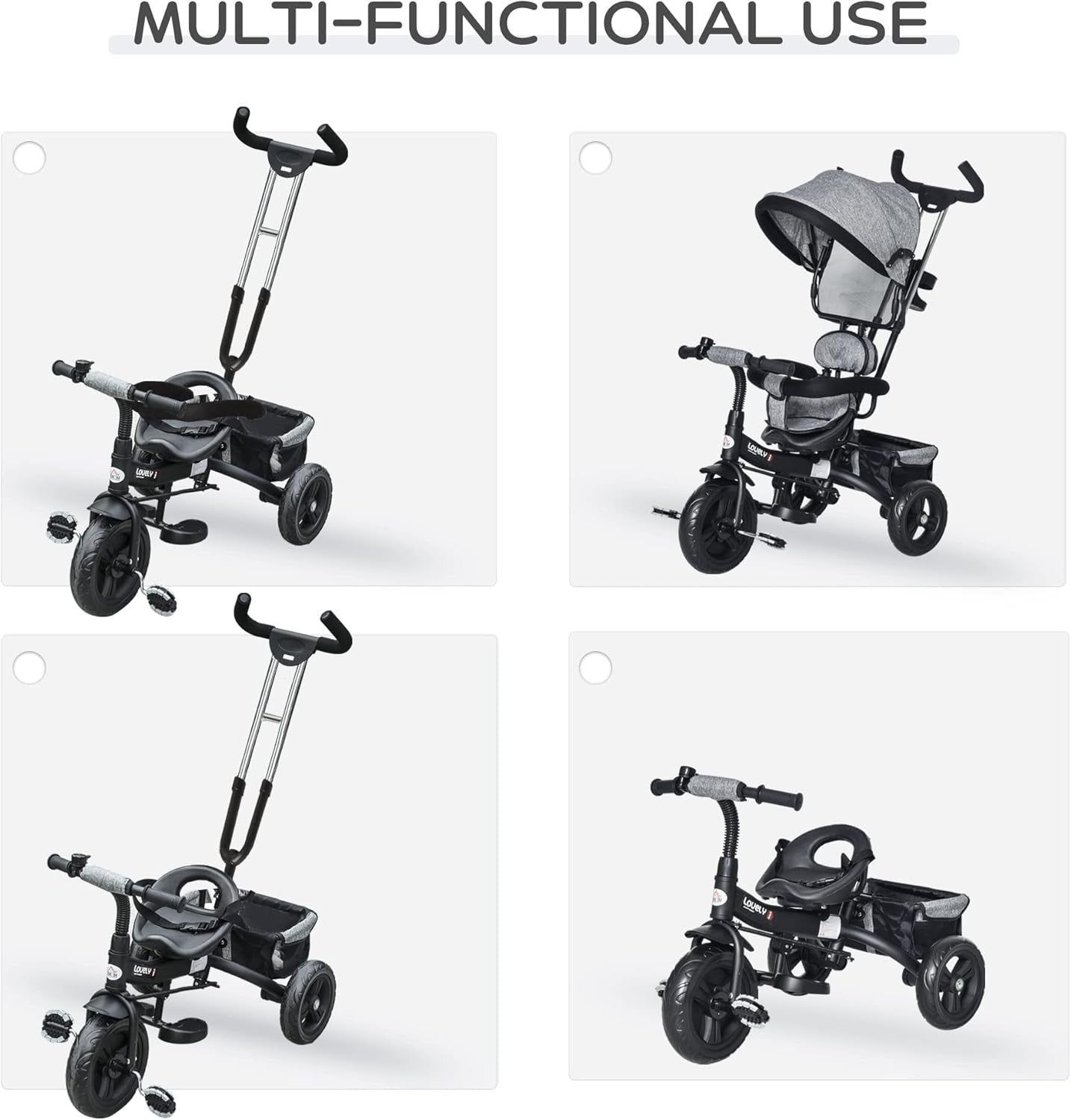 4 in 1 Kids Tricycle Toddler Trike Push Along Canopy Grey 18M-5Y