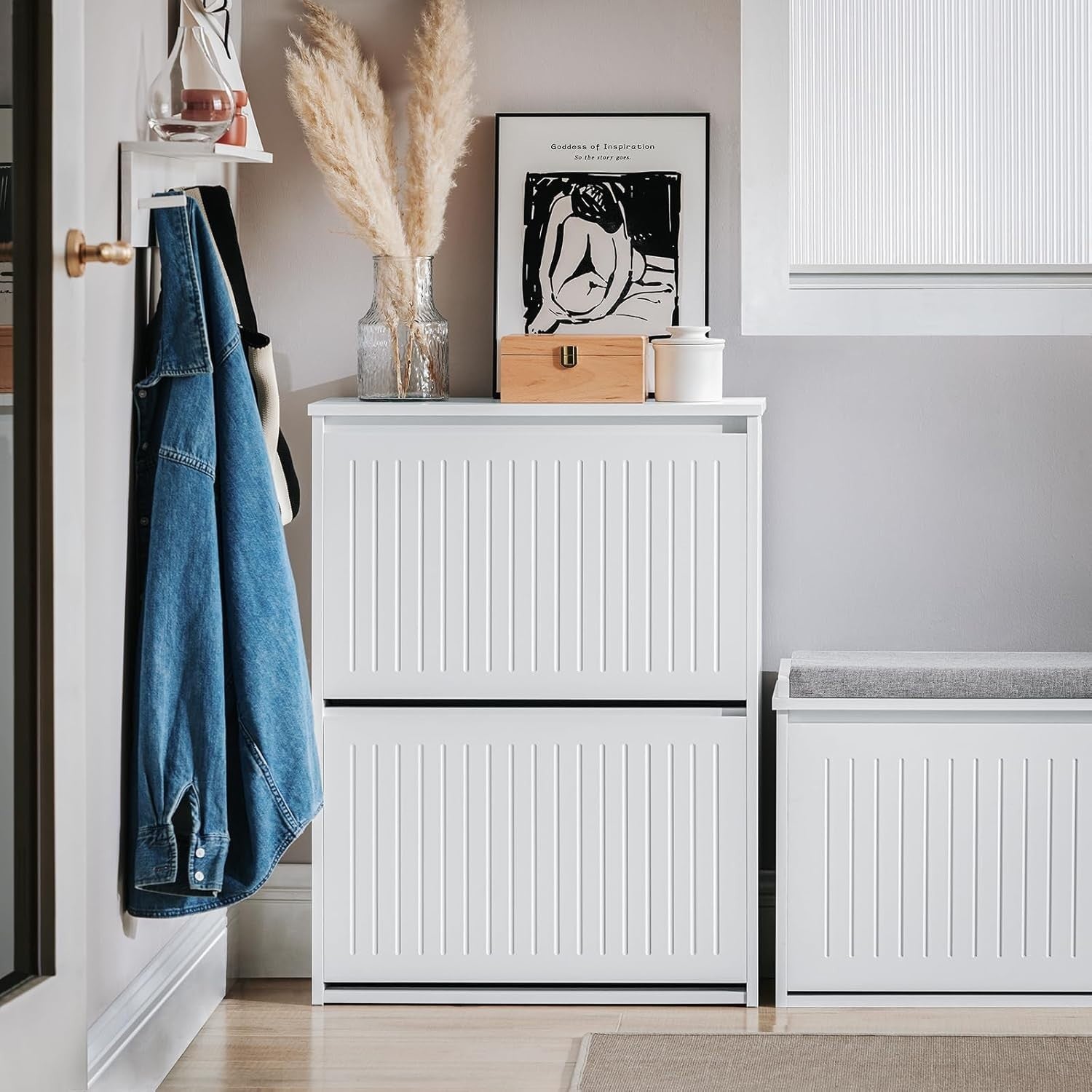 Slim Shoe Storage Cabinet – 2 Flip Drawers, Narrow Hallway Unit, White MDF