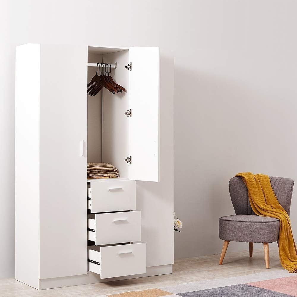 Large 3-Door Triple Wardrobe with Drawers - Bedroom Storage Organizer White