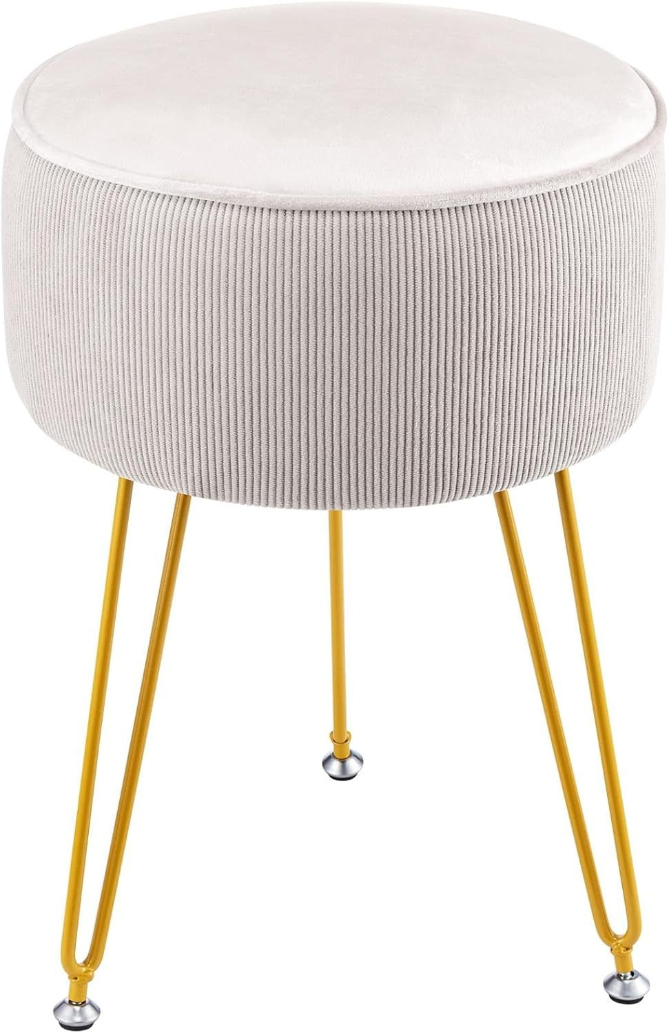 White Round Vanity Stool with Metal Legs – Padded Dressing Table Chair