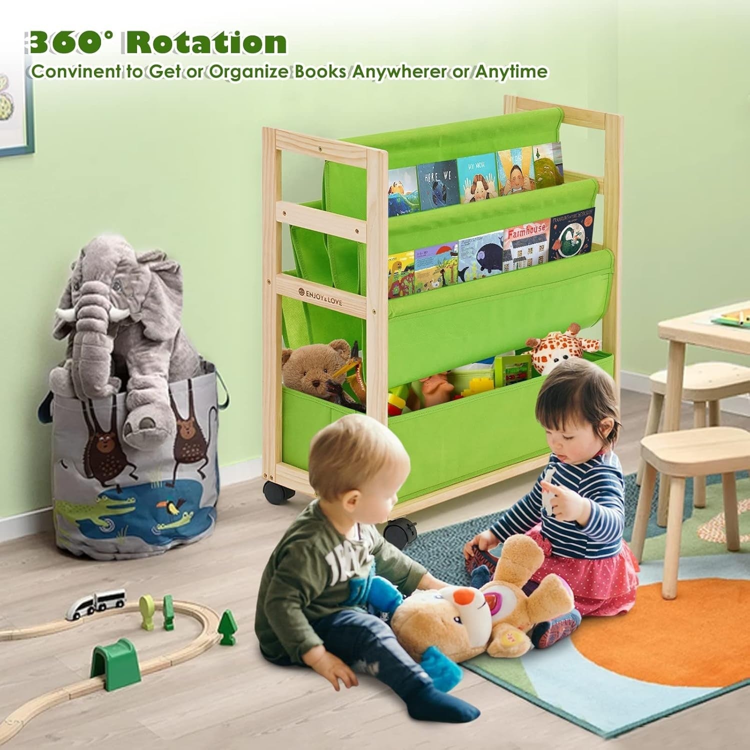 Kids 4-Tier Rolling Bookcase with Fabric Bins & Lockable Wheels, Pine Wood