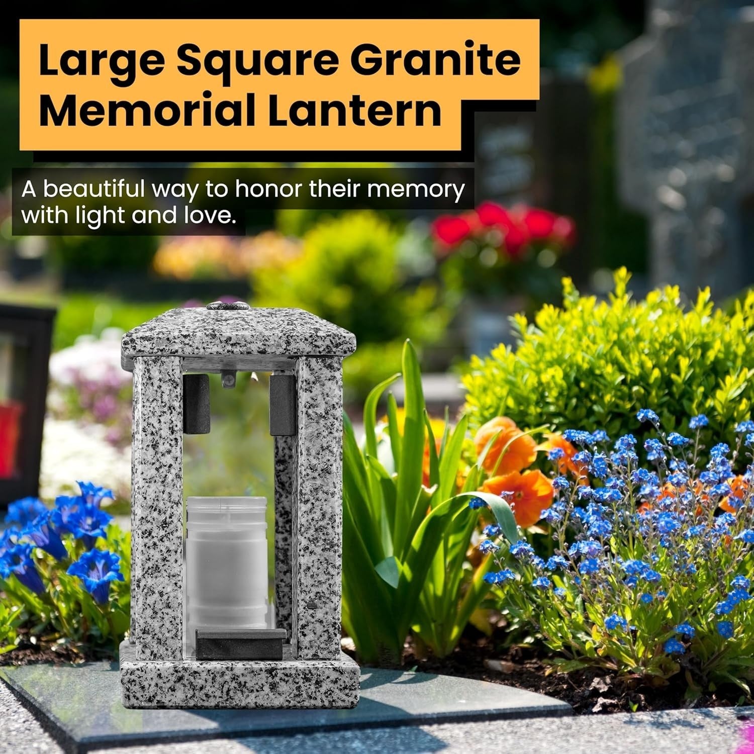 Large Grey Granite Candle Lantern 32cm Square Polished Decor
