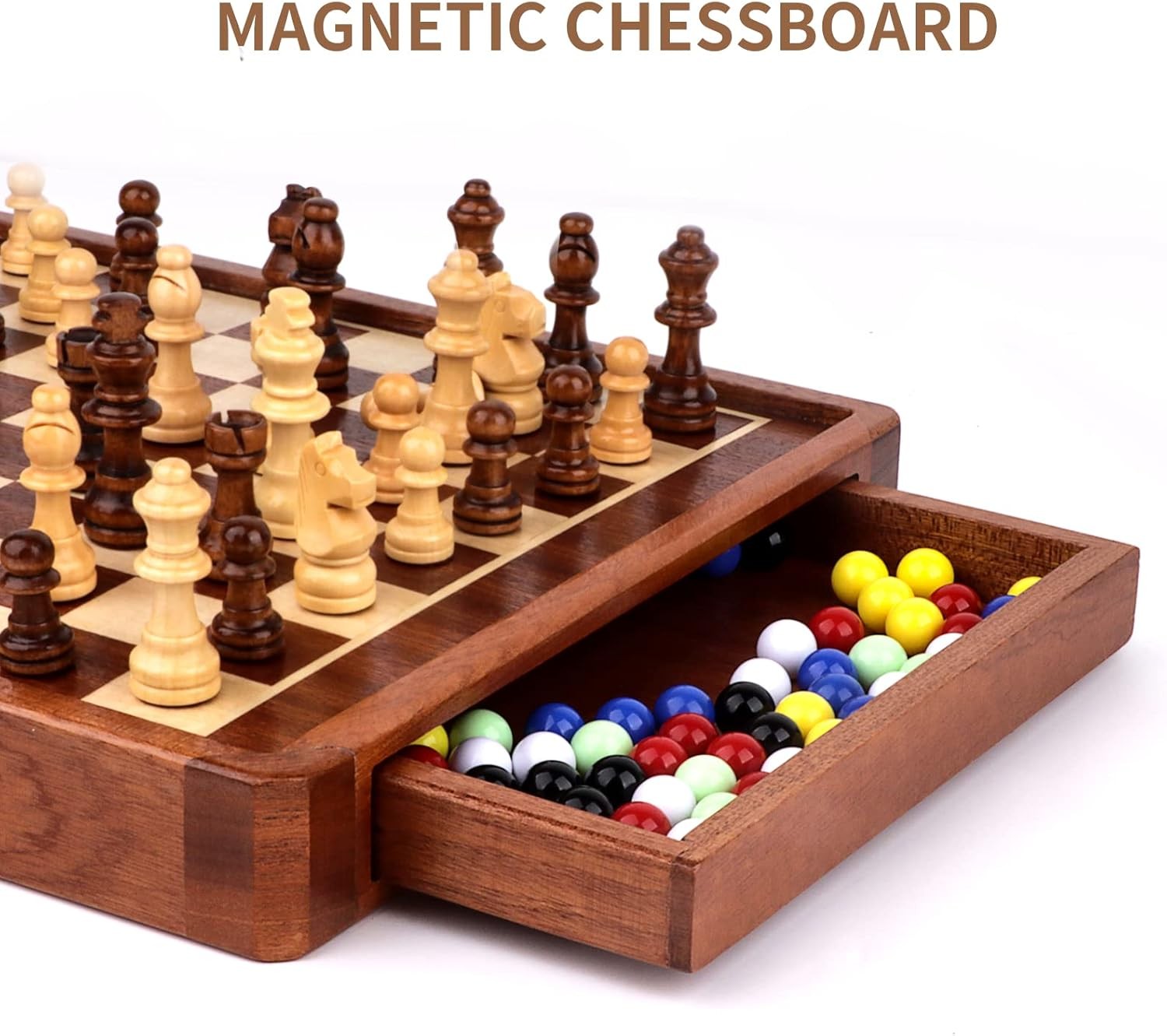 2-in-1 Wooden Magnetic Chess & Chinese Checkers Set with Storage Drawer
