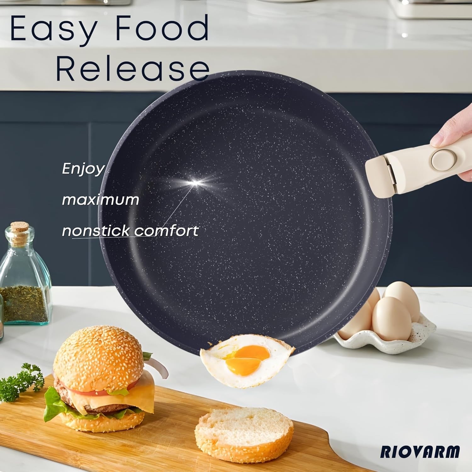 5Pcs Ribbed Dark Blue Pots Pans Set with Lids & Detachable Handle Induction Safe