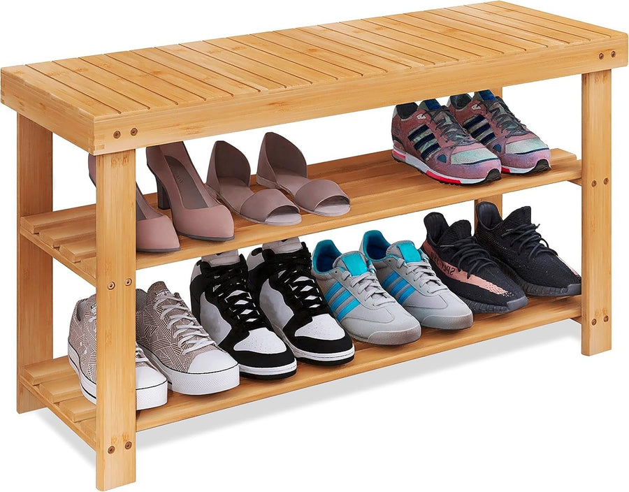 3-Tier Natural Bamboo Shoe Rack Bench with Storage Shelf & Modern Design