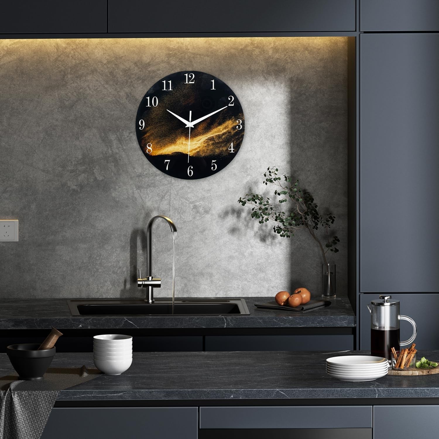 Large 16" Black Gold Glass Wall Clock Modern Silent Non-Ticking Home Decor