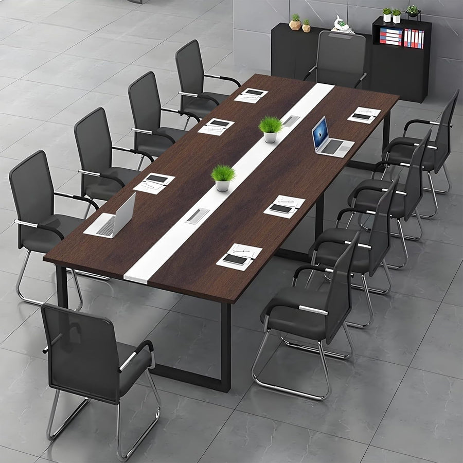 180x60cm Walnut/Black Office Meeting Table w/ Cable Ports + Adjustable Feet