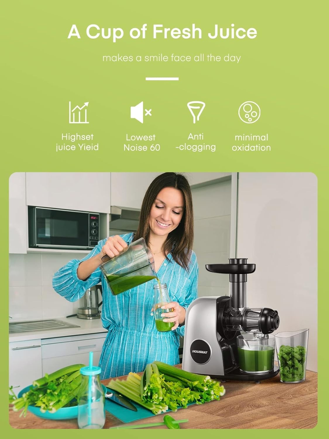 Cold Press Juicer Slow Masticating Quiet Motor High Yield Easy Clean