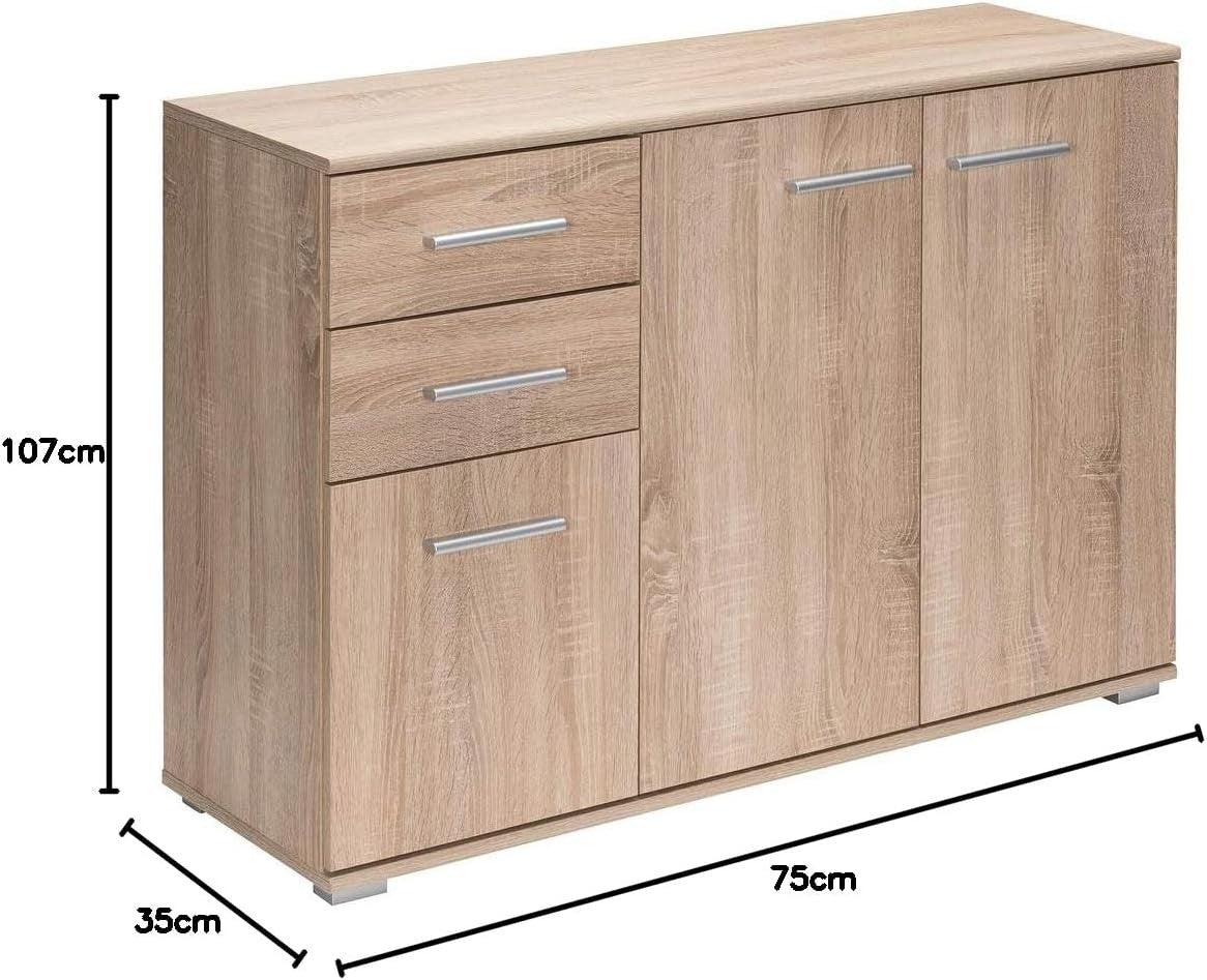 Modern Oak Sideboard Cabinet 3 Door 2 Drawer Storage Unit 107cm MDF