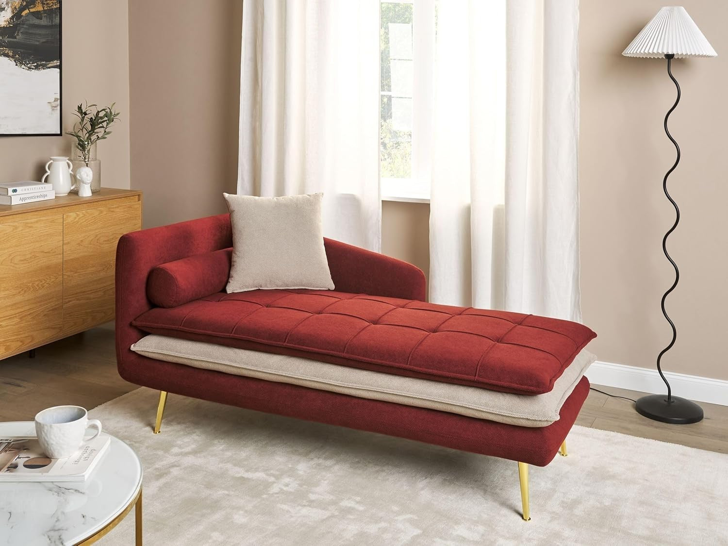 Left Hand Red Tufted Chaise Lounge with Thick Cushions & Pillows Living Room