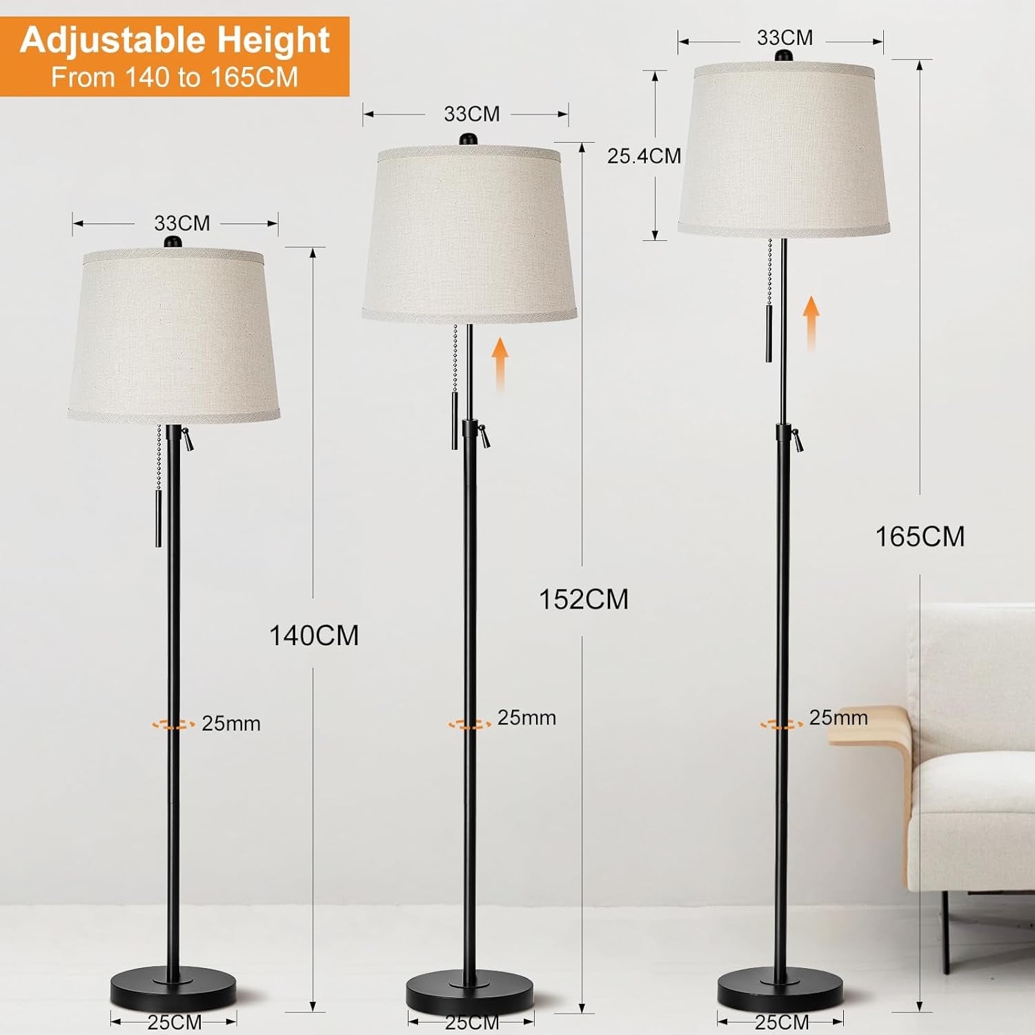 Adjustable Floor Lamp Black Height Adjustable 3 Colour LED Standing Light