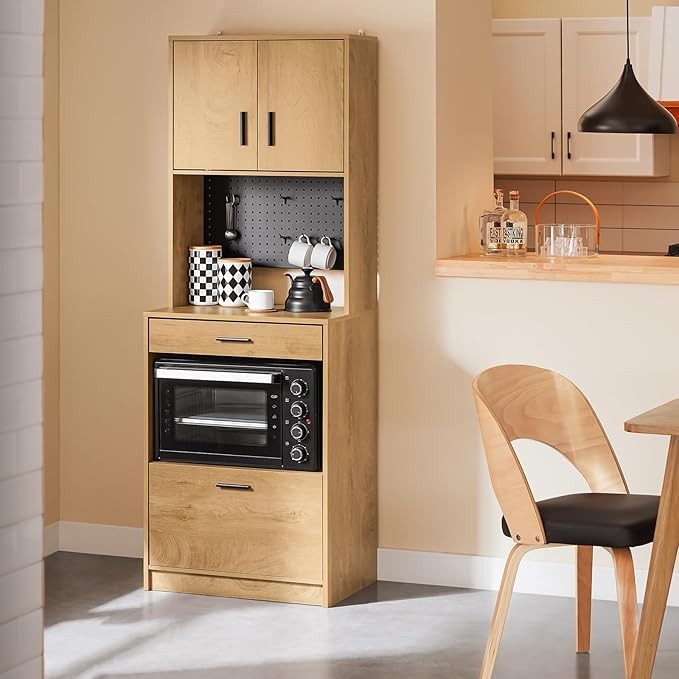 Tall Oak Kitchen Storage Cabinet with Microwave Shelf & Cupboard 170cm