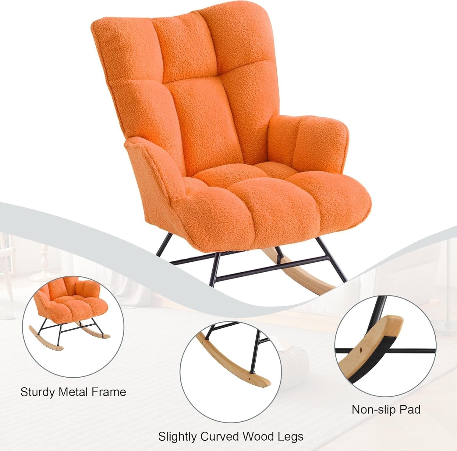 Rocking Chair Nursery Glider Comfy Armchair High Back Padded Seat Orange Teddy
