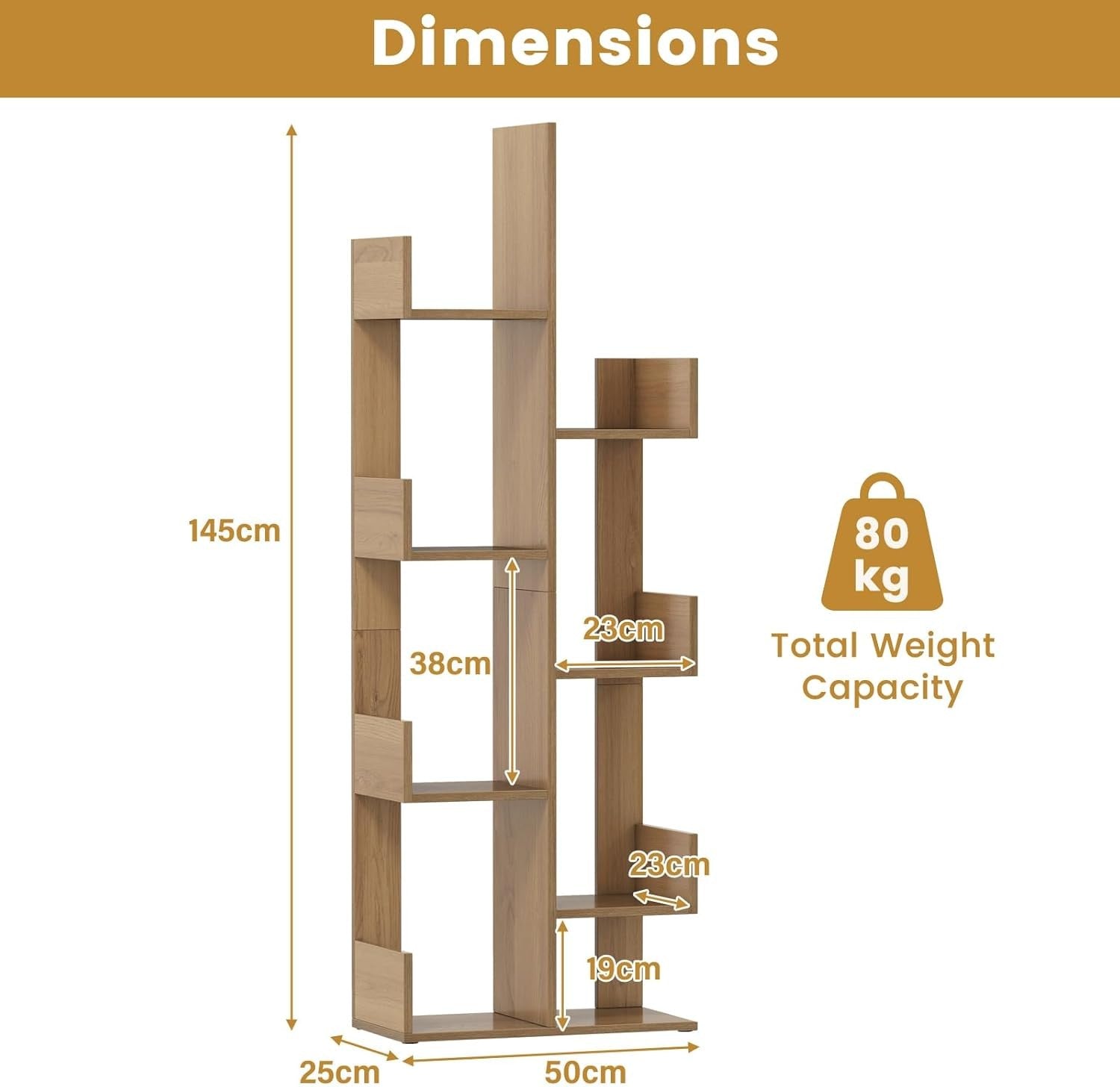 Modern Tree Bookshelf 8-Tier Floor Standing Storage Rack Natural Wood Unit