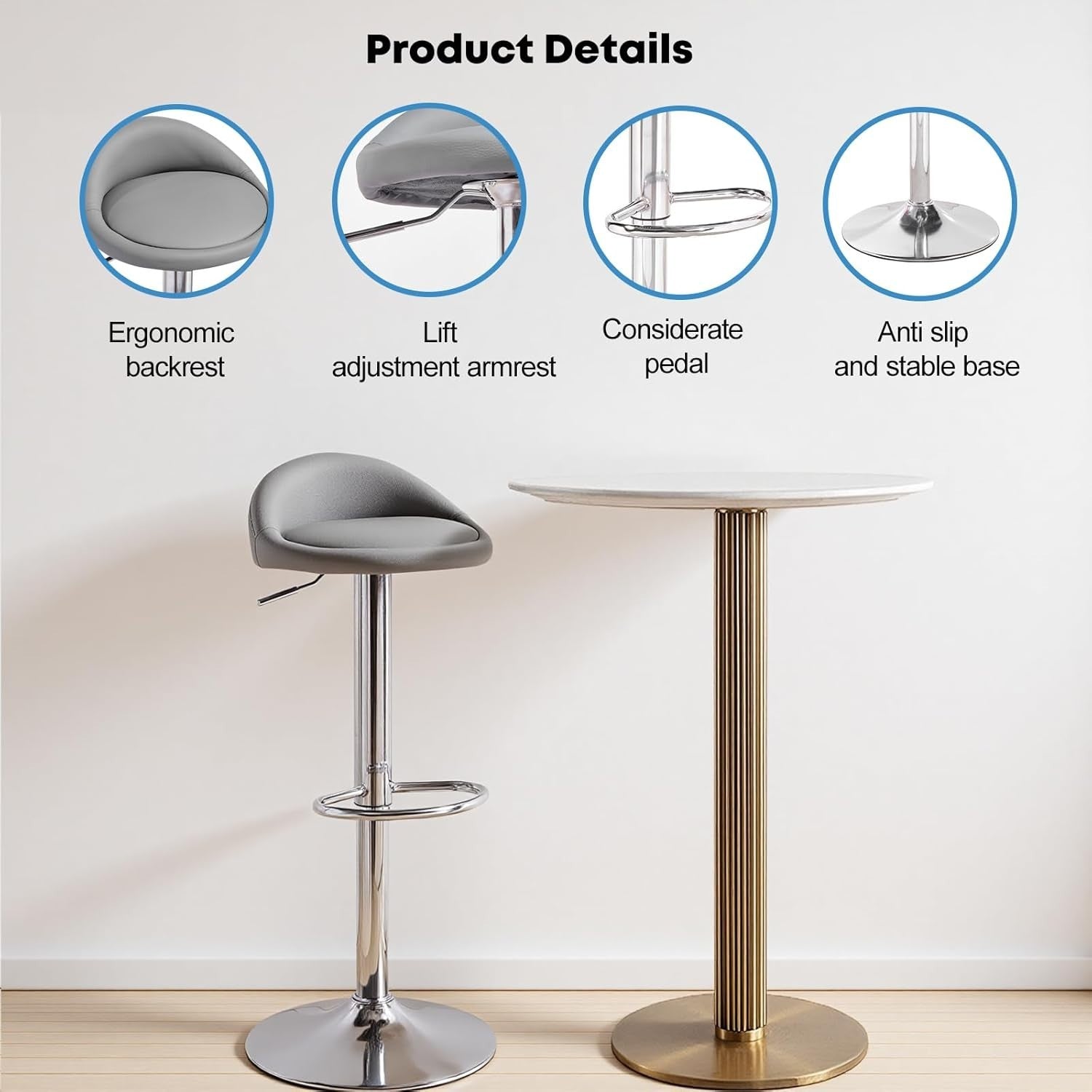 Grey Faux Leather Bar Stool Set of 2 Round Armless Adjustable Swivel Chairs