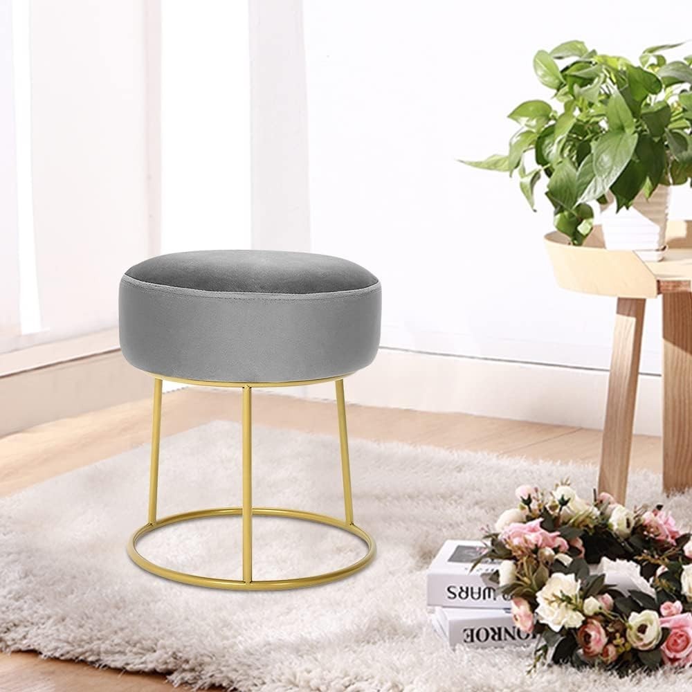Grey Velvet Round Dressing Table Stool Ottoman Footrest with Metal Base
