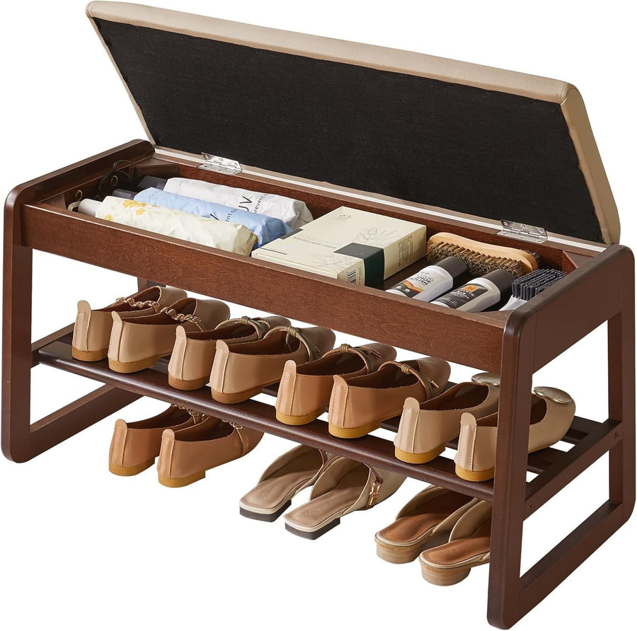 2-Tier Flip-Top Shoe Storage Bench with Cushion – Walnut 31.5in