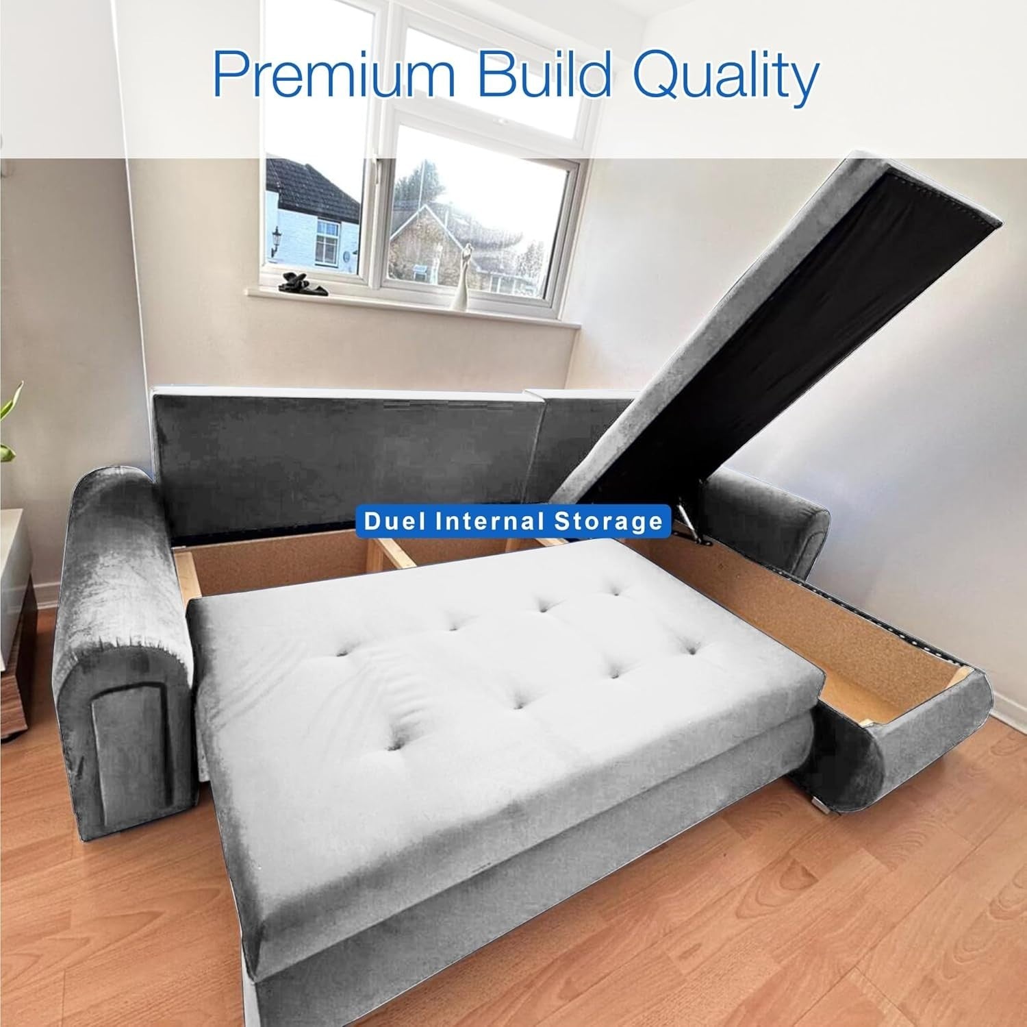 Convertible L-Shape Sofa Bed with Storage – Plush Velvet Silver Sleeper