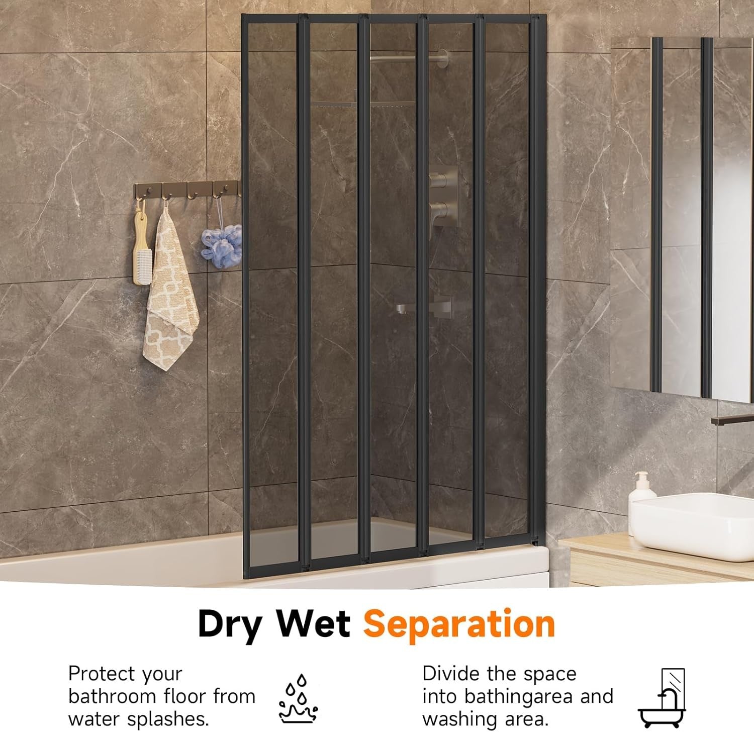 Black 5 Panel Folding Shower Screen 1200x1400mm Tempered Glass Bath Screen