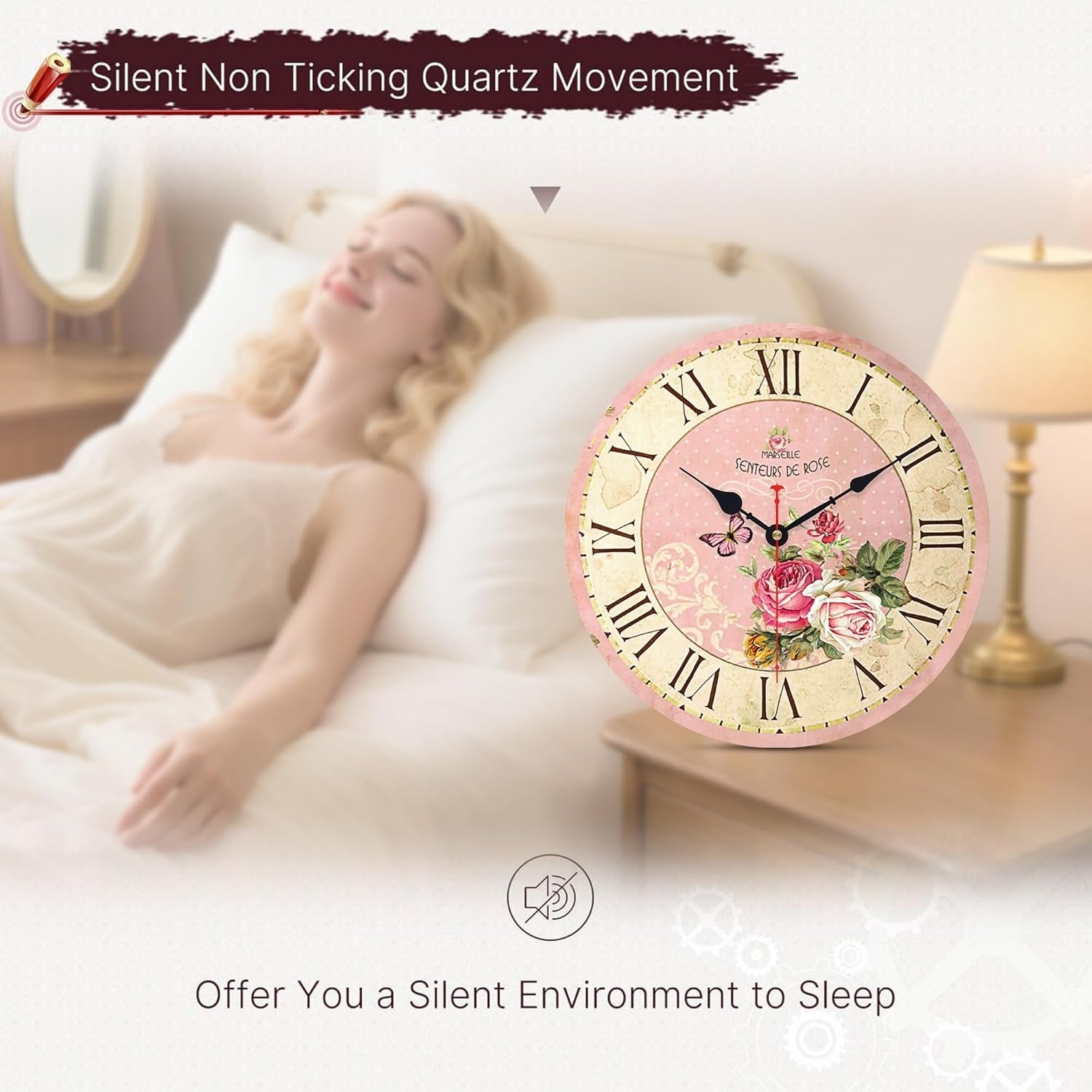 14” Vintage Pink Wooden Wall Clock Silent Non-Ticking Floral Roman Numerals Deco