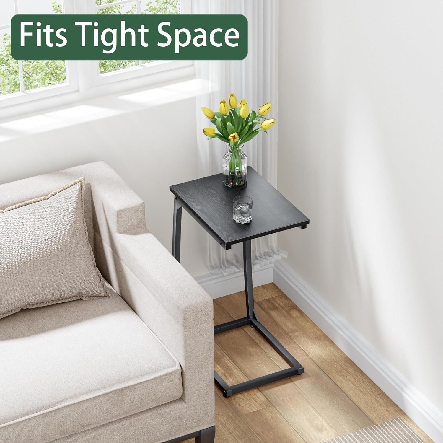 C Shape Black Side Table 2Sofa Laptop Snack Stand Narrow TV Tray for Living Room
